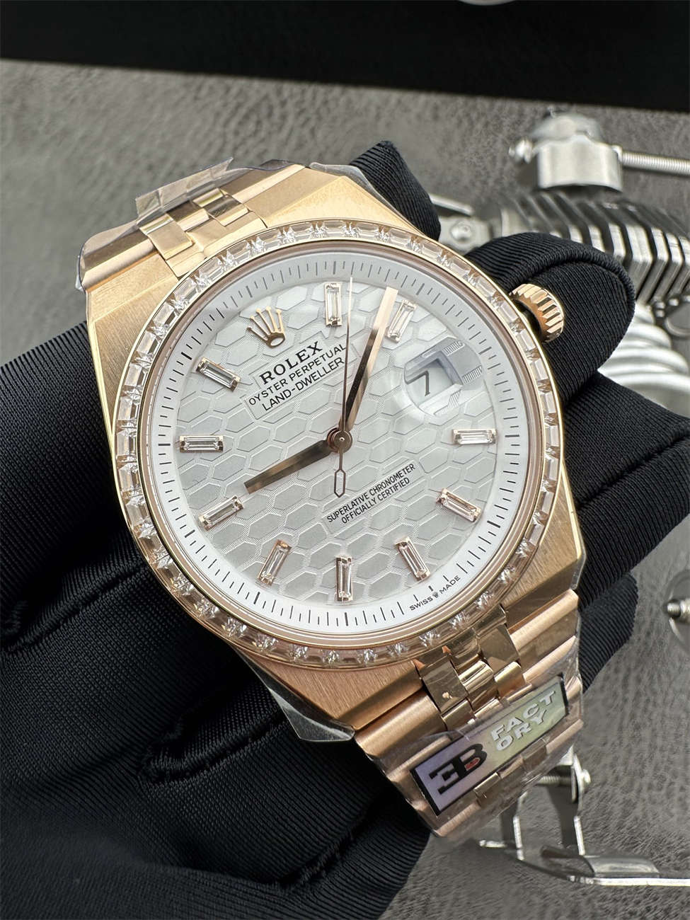 wc_upload_0001-81-1.jpg 3B Factory Rolex 127385TBR 0003 Replica – Rose Gold Diamond Bezel Honeycomb Dial - Image 1