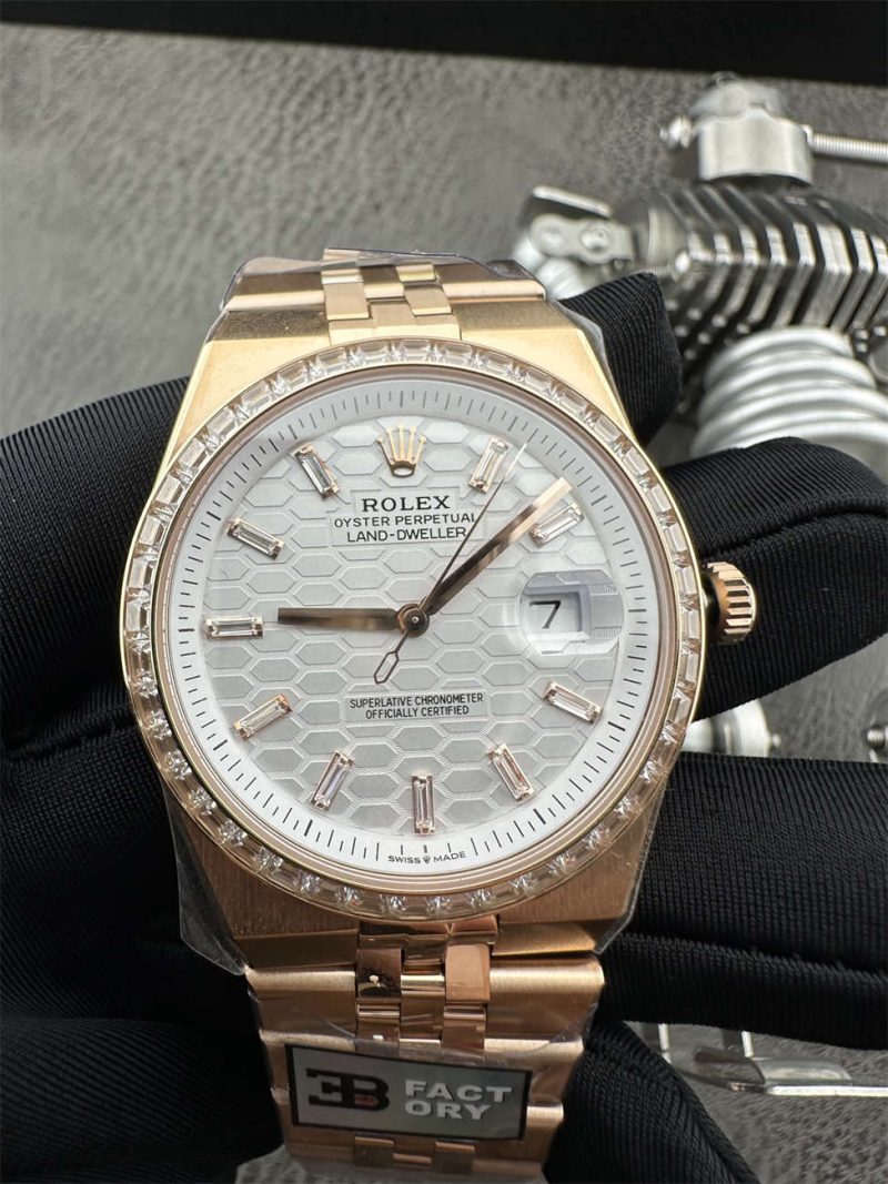 3B Factory Rolex 127385TBR 0003 Replica – Rose Gold Diamond Bezel Honeycomb Dial - Image 2