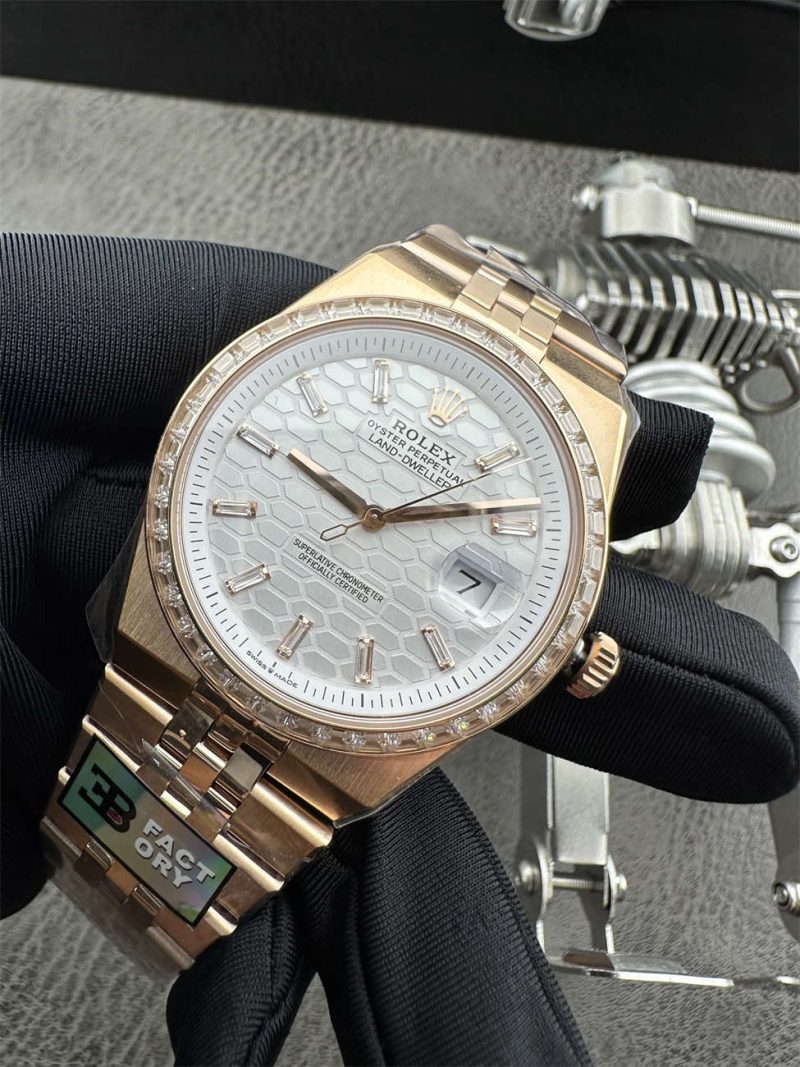 3B Factory Rolex 127385TBR 0003 Replica – Rose Gold Diamond Bezel Honeycomb Dial - Image 3
