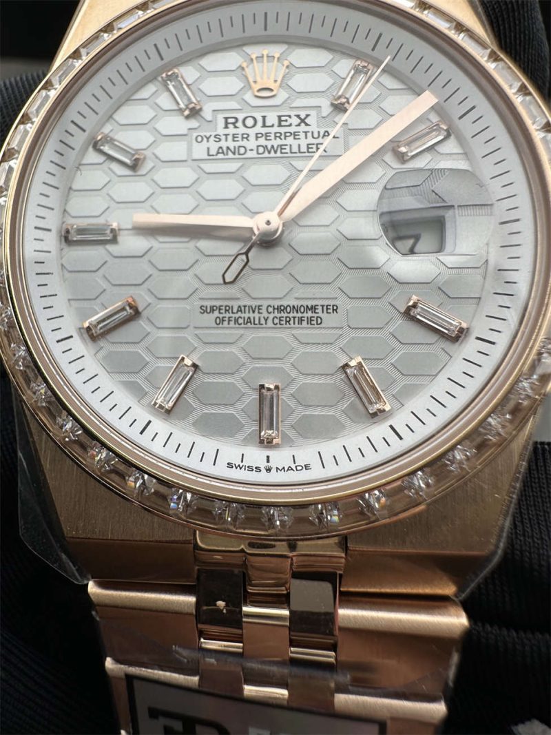 3B Factory Rolex 127385TBR 0003 Replica – Rose Gold Diamond Bezel Honeycomb Dial - Image 4