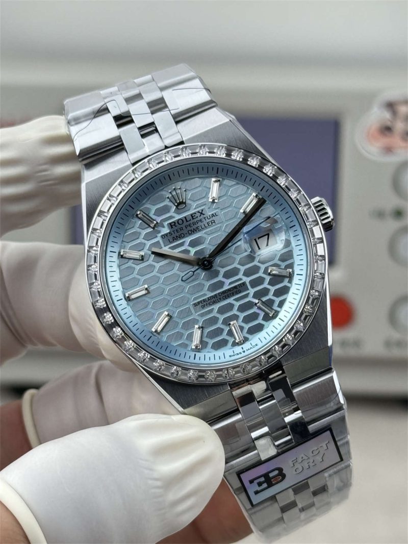 3B Factory Rolex Land-Dweller 127386TBR-0001 Replica – Platinum Look, Diamond Bezel, 163g Full Weight - Image 4