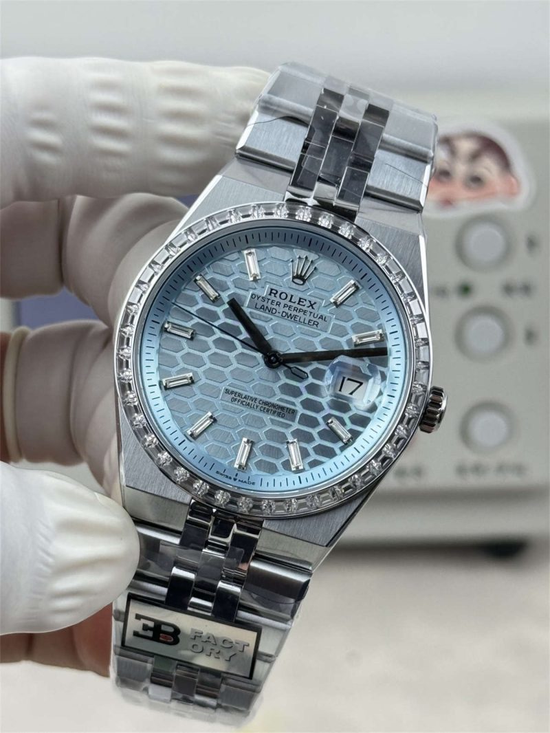 3B Factory Rolex Land-Dweller 127386TBR-0001 Replica – Platinum Look, Diamond Bezel, 163g Full Weight - Image 5