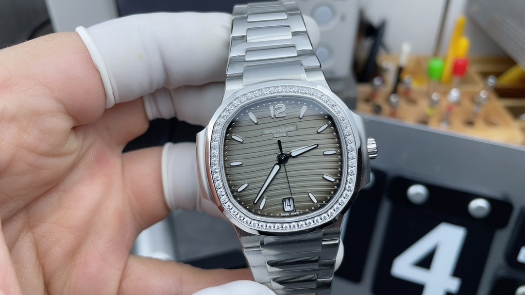 wc_upload_0001-254-1.jpg Patek Philippe Nautilus 7118/1200A-011 Grey Dial Diamond Bezel 1:1 Ladies Replica Watch - Image 1
