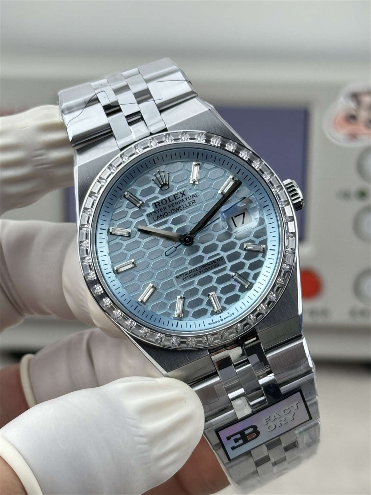 3B Factory Rolex Land-Dweller 127386TBR-0001 Replica – Platinum Look, Diamond Bezel, 163g Full Weight