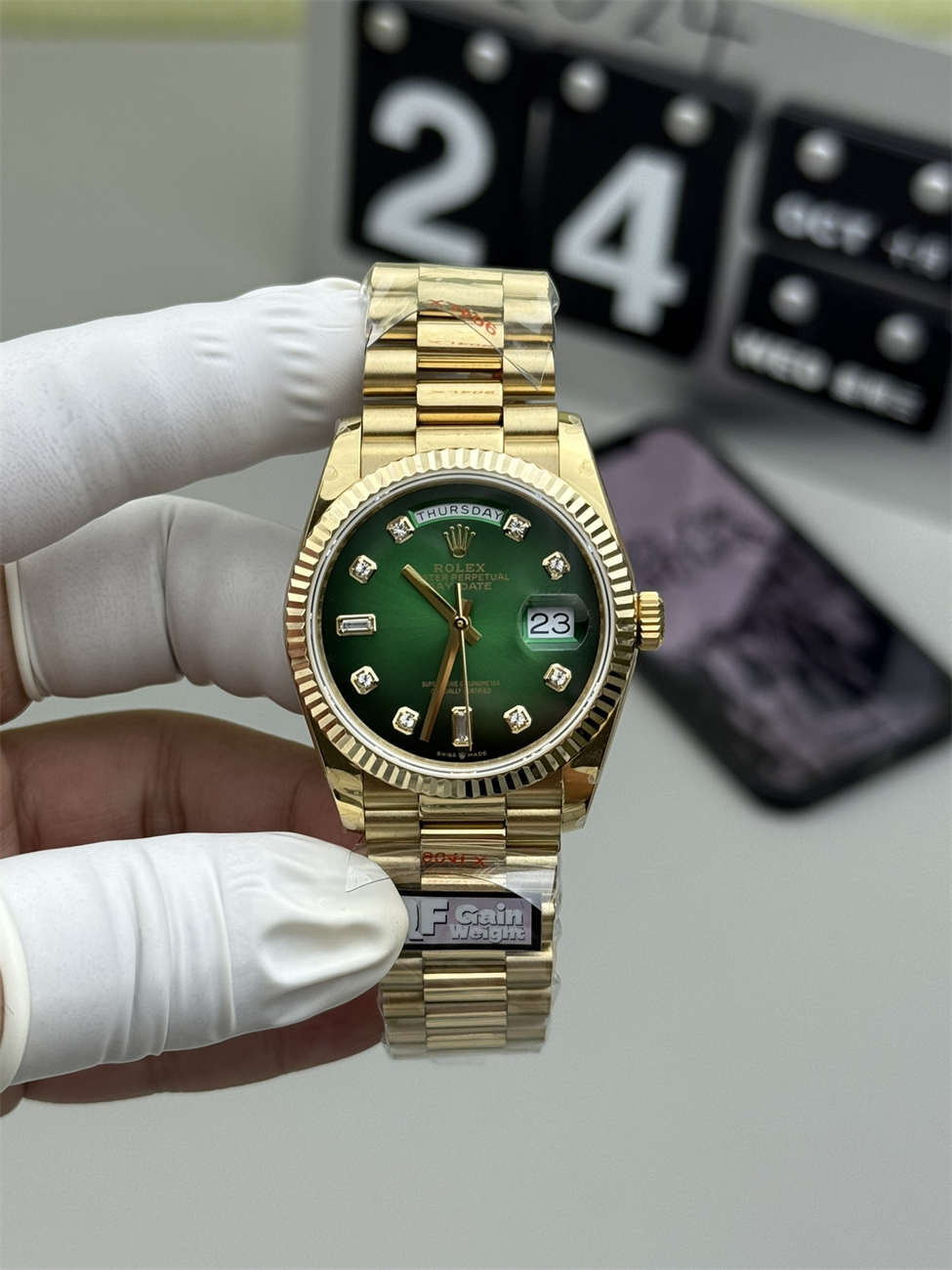 Rolex Day-Date 36 128238 Green Roman Replica (QF Factory) – 158g Tungsten Gold