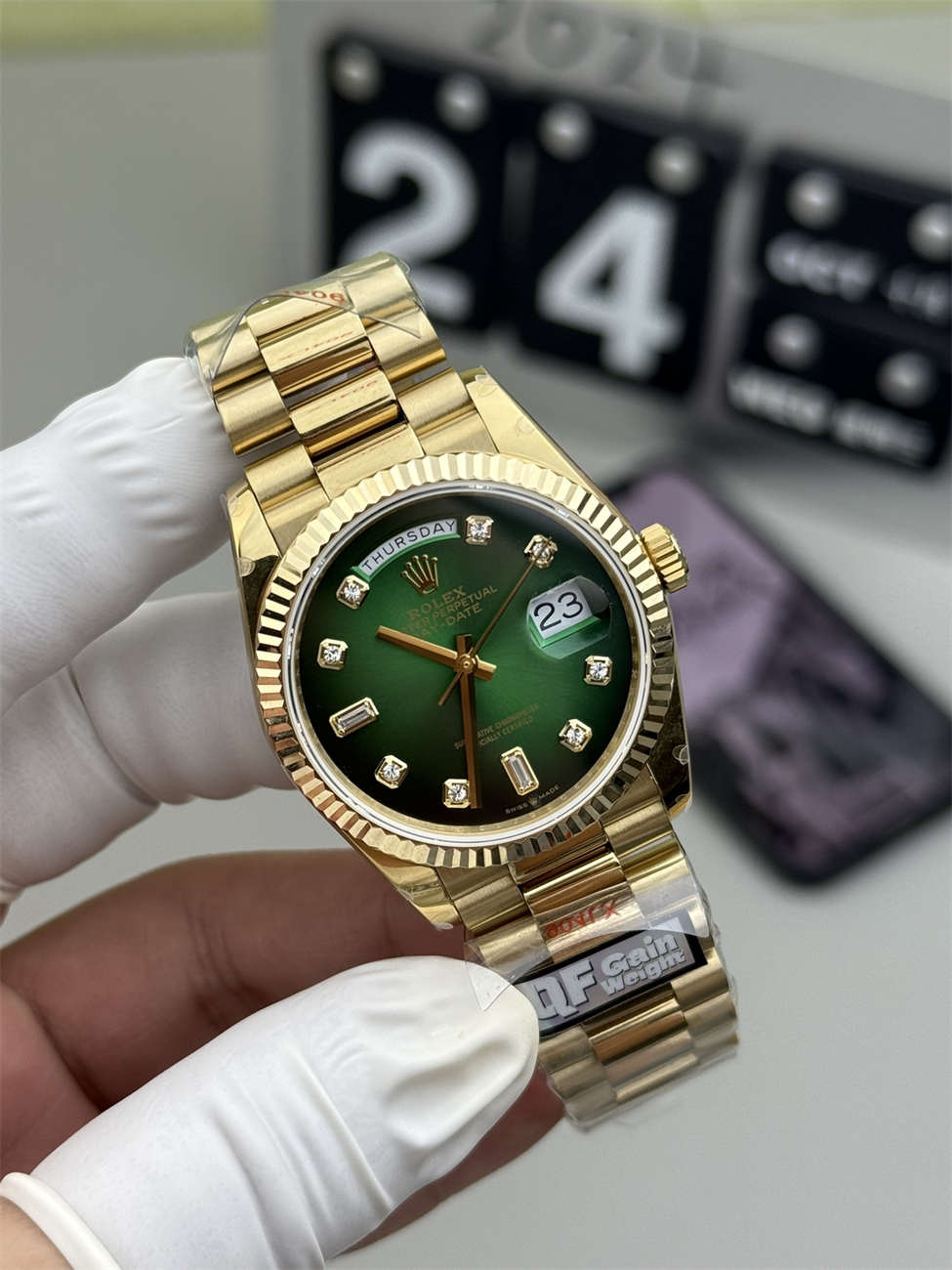 Rolex Day-Date 36 128238 Replica (QF Factory) – 158g Tungsten Green Ombré Diamond