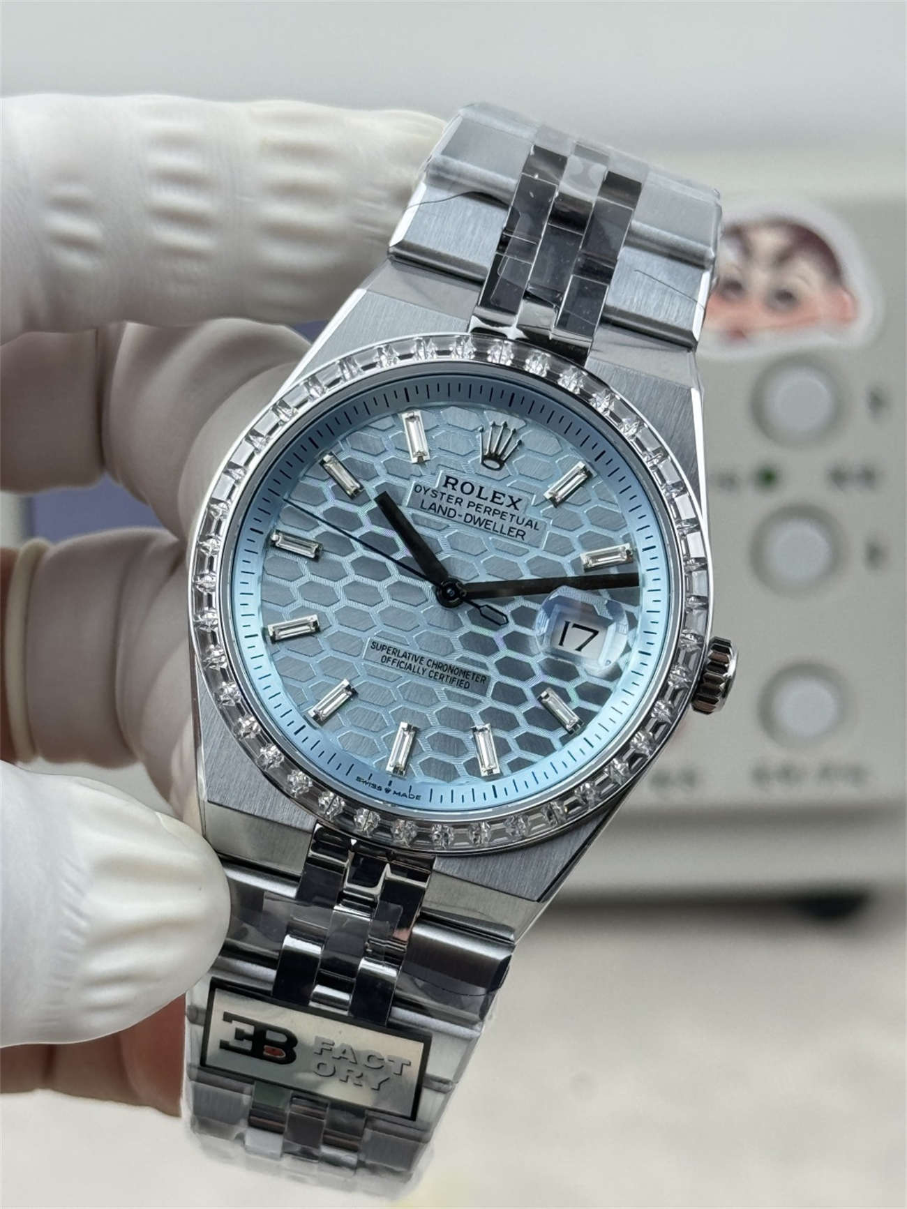 3B Factory Rolex Land-Dweller 127386TBR-0001 Replica – Platinum Look, Diamond Bezel, 163g Full Weight